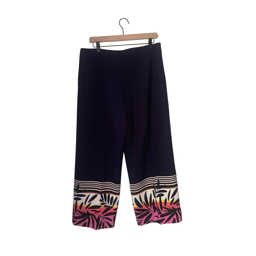 NWT Trina Turk Wide Leg Navy Cropped Pants Flowy Resortwear Tropical-size 12